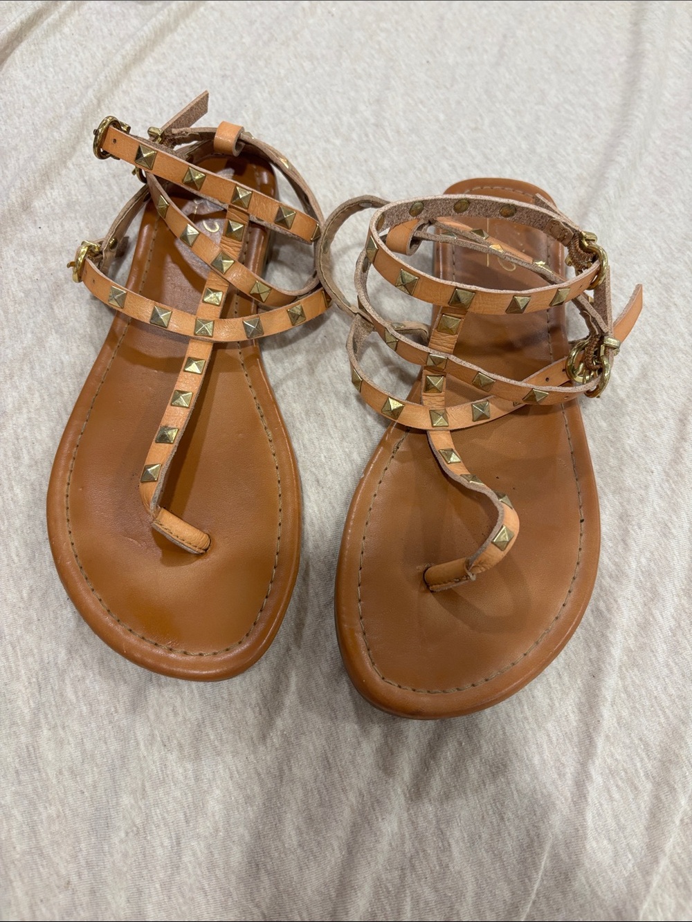 Studded Leather T-Strap Sandals - Brown